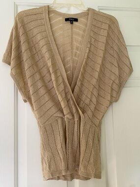 Express Beige SHIMMER Open-Knit V-Neck Short Sleeve - Size Small